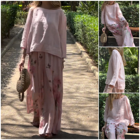 Effen top en bloemenbroek met wijde pijpen (tweedelige set) Lente 2025 Nieuw binnen