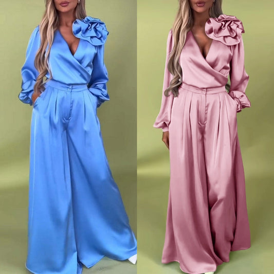 Set van 2-delige V-hals top en wijde broek voor dames