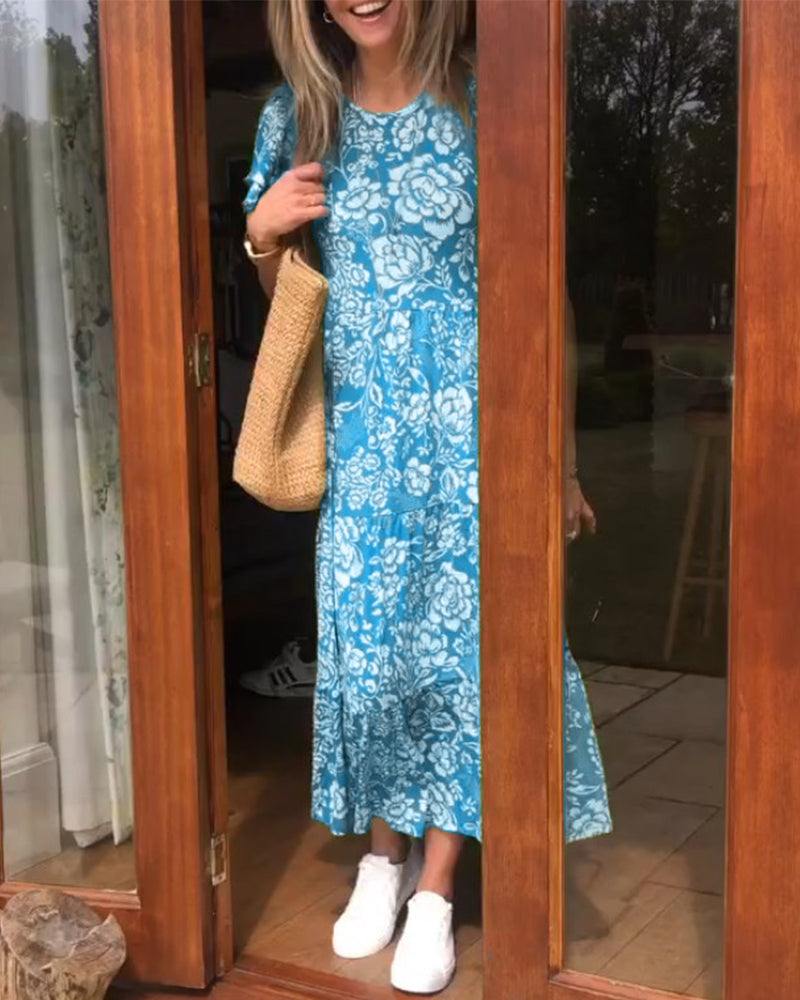 Lange jurk met korte mouwen en bloemenprint