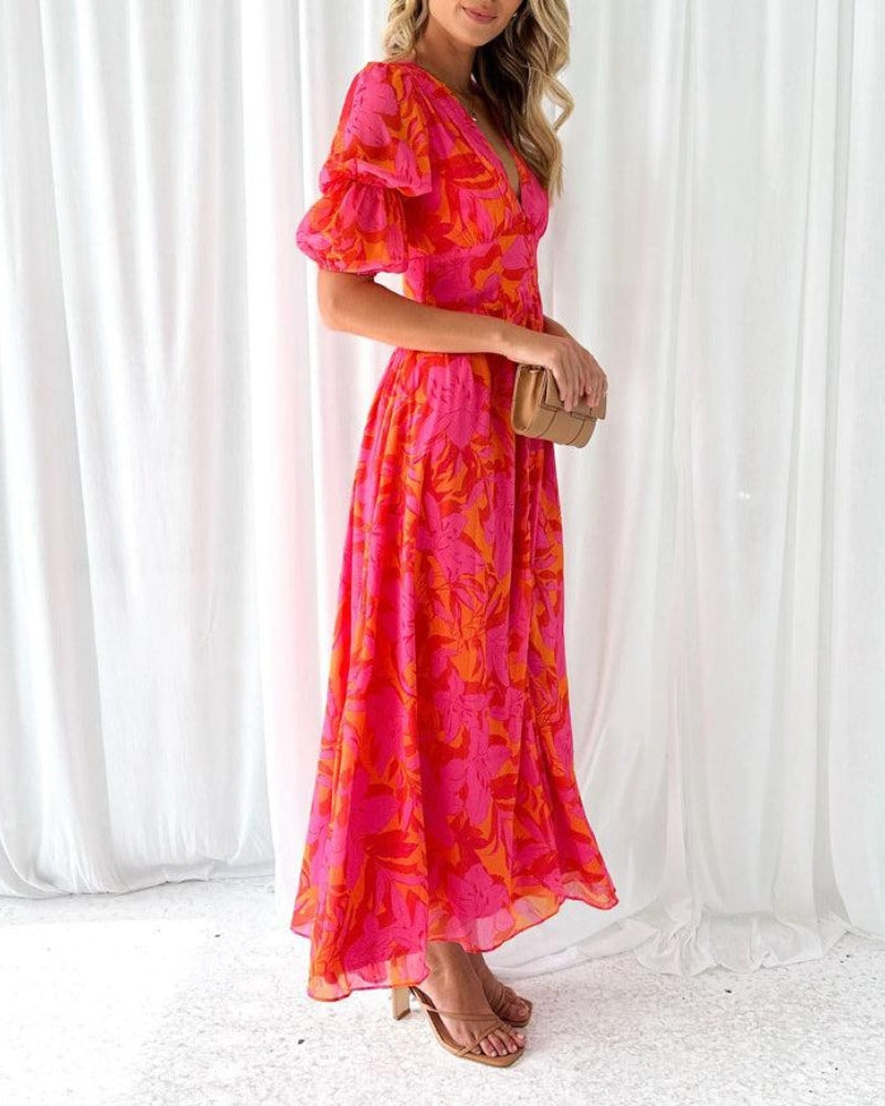 Elegante V-hals Maxi jurk met pofmouwen
