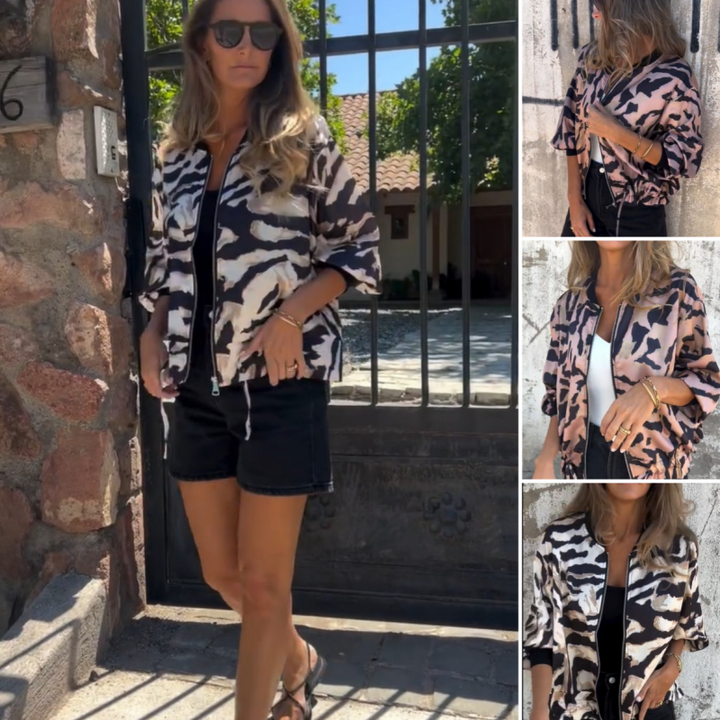 Dames herfstbomberjack met zebraprint en rits