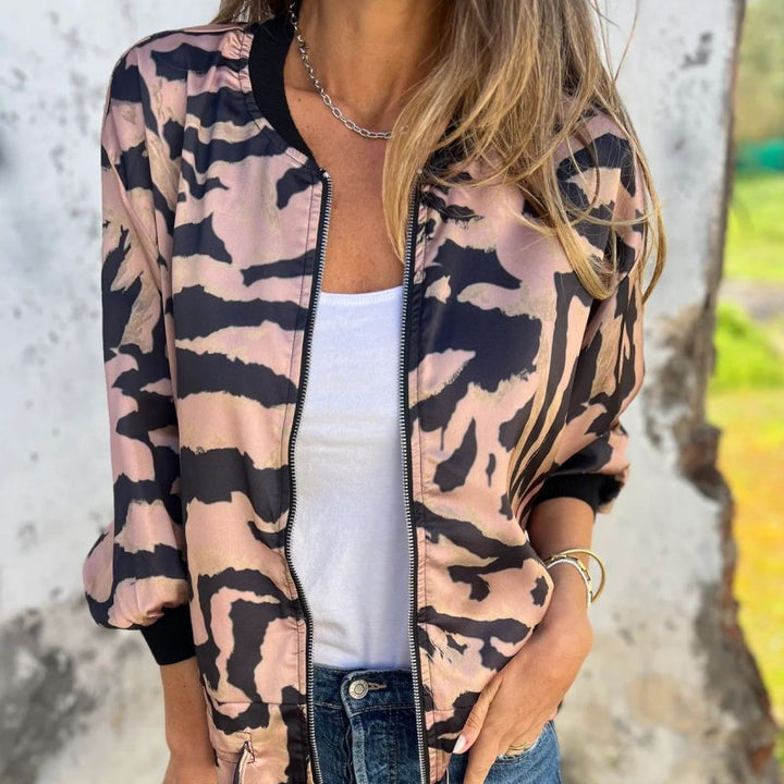 Dames herfstbomberjack met zebraprint en rits