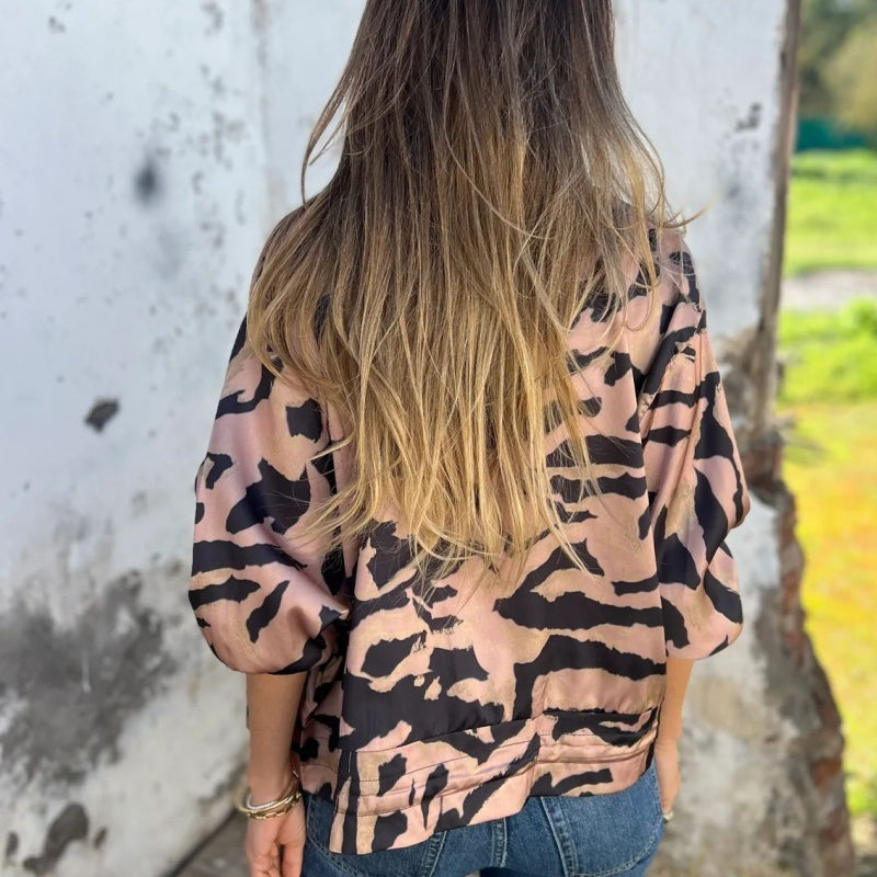 Dames herfstbomberjack met zebraprint en rits