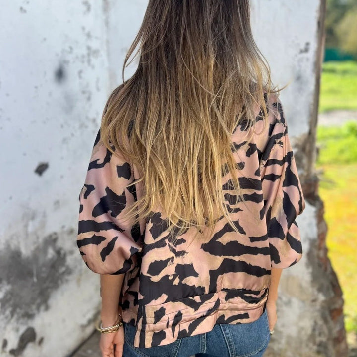 Dames herfstbomberjack met zebraprint en rits