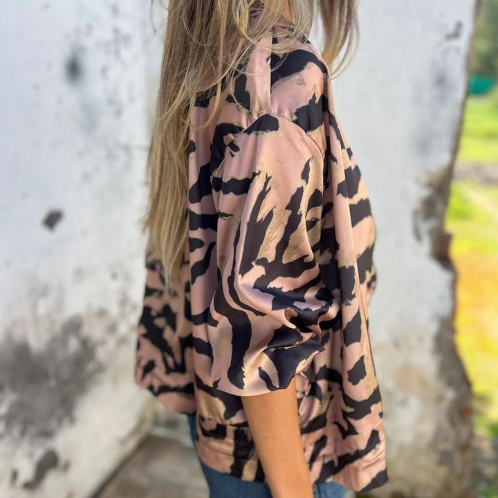 Dames herfstbomberjack met zebraprint en rits