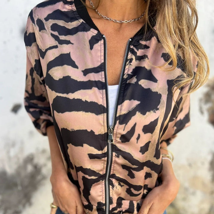 Dames herfstbomberjack met zebraprint en rits