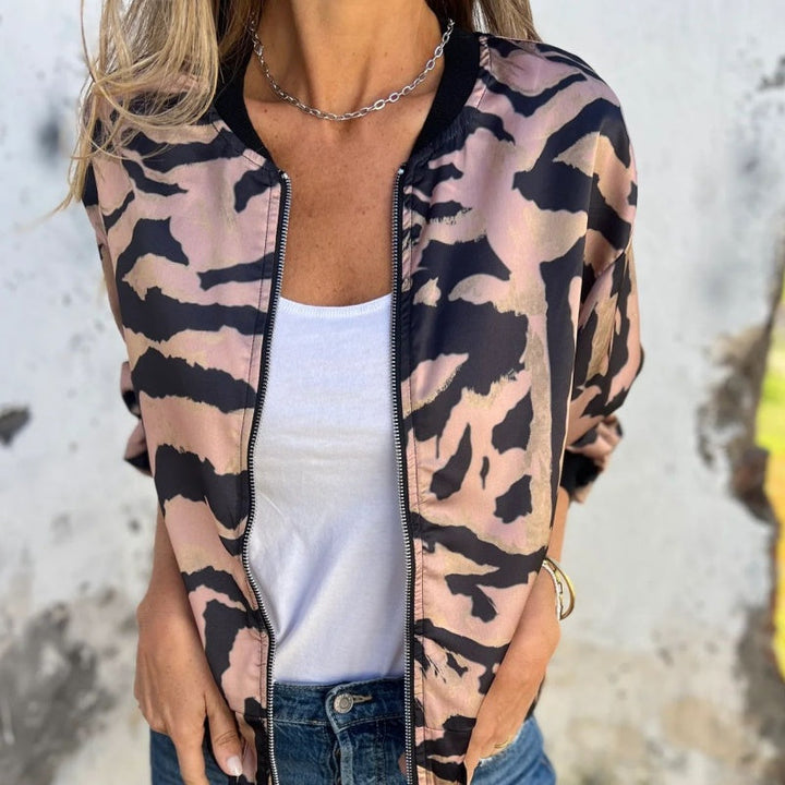 Dames herfstbomberjack met zebraprint en rits