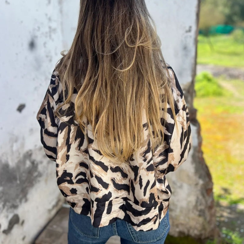 Dames herfstbomberjack met zebraprint en rits
