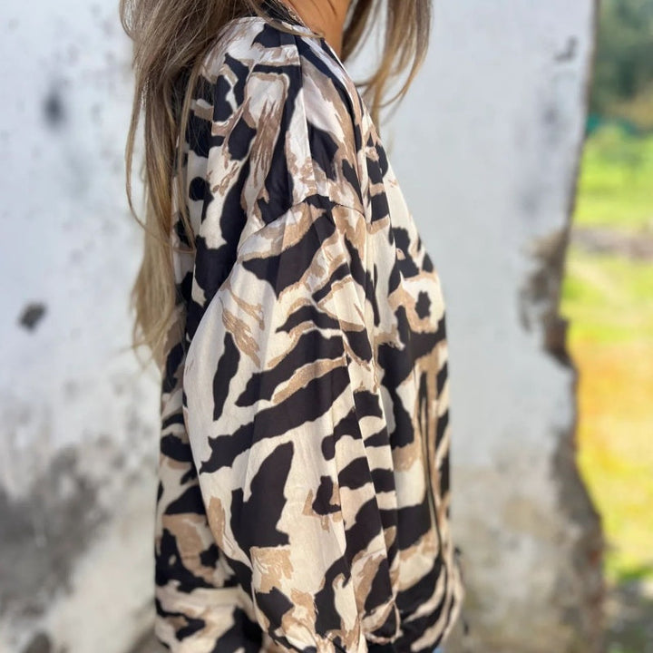 Dames herfstbomberjack met zebraprint en rits