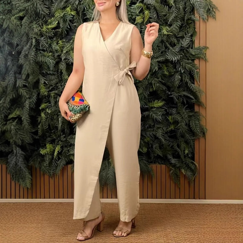 Casual effen V-hals jumpsuit met strik voor dames
