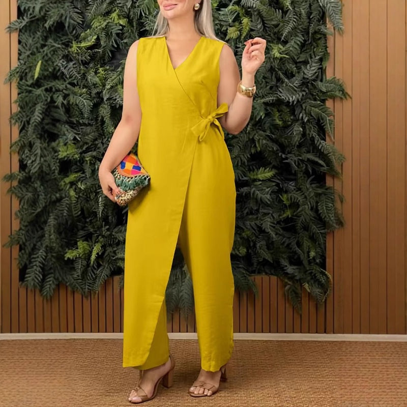 Casual effen V-hals jumpsuit met strik voor dames