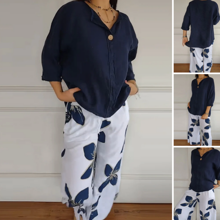 Set van een bedrukte top met ronde hals en broek voor dames