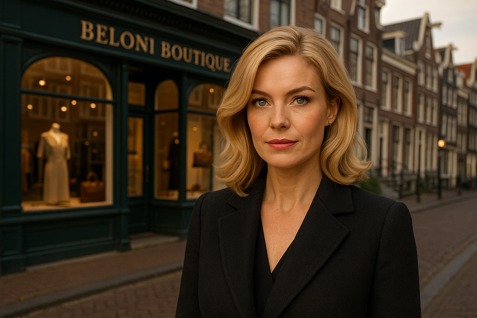 zet knappe vrouw tussen de 35 en 40 jaar oud voor de boutique van beloniboutiquealsof het echt bestaat in hartje amsterdam blond vrouw knap met groene ogen